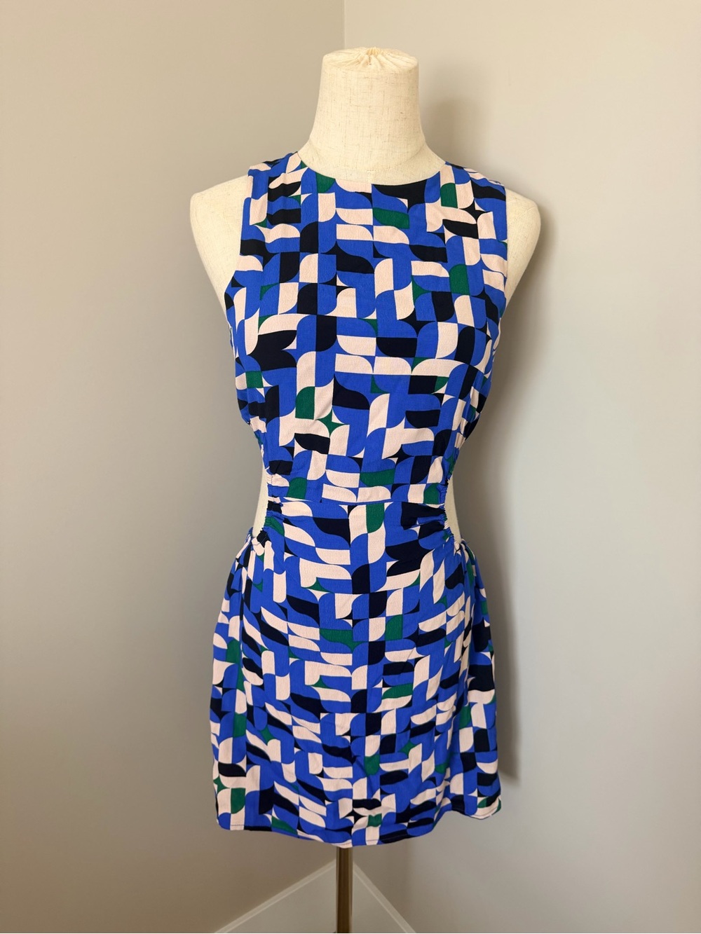 Olivaceous Blue Geometric Sleeveless Romper with Green & Cream Accents